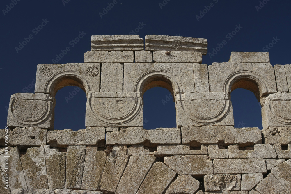 Facade detail from the ruined Byzantine church in Brad, Syria