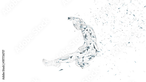 Conceptual abstract man jumping in kung fu kick. Connected lines, dots, triangles, particles. Artificial intelligence concept. High technology vector, digital background. 3D render vector illustration