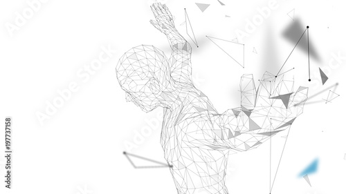 Conceptual abstract man getting ready to jump. Connected lines, dots, triangles, particles. Artificial intelligence concept. High technology vector, digital background. 3D render vector illustration.