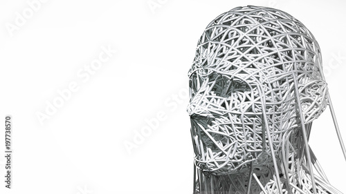 3d rendering of cyborg face on white background represent artificial intelligence. Future science, modern technology concept. 3d illustration