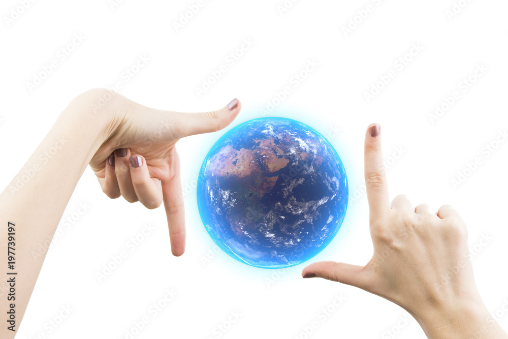 Woman Hand Holding 3D Rendering Of The Earth Isolated On White Background Woman Hand Holding 3D Rendering Of The Earth Isolated On White Background