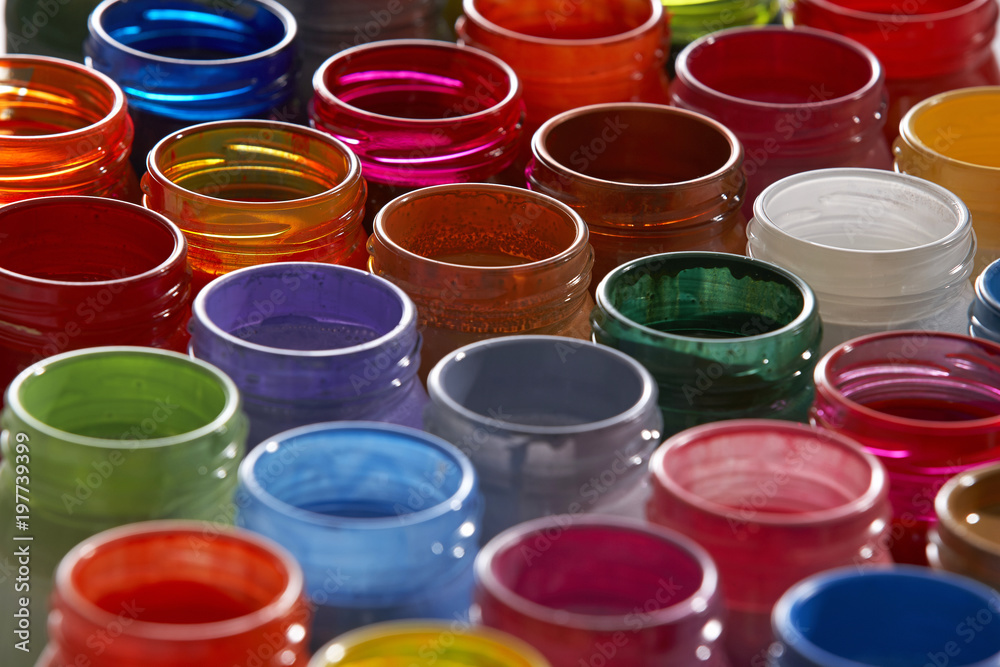 lots of glass paint pots(selective focus) lots of glass paint pots(selective focus)