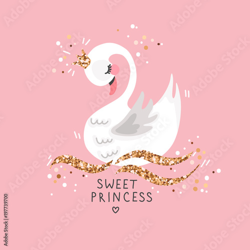 Sweet princess swan on pink background. Cartoon hand drawn vector illustration. Can be used for fashion print design, greeting and invitation card.
