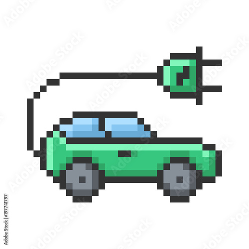 Outlined pixel icon of electric car. Fully editable