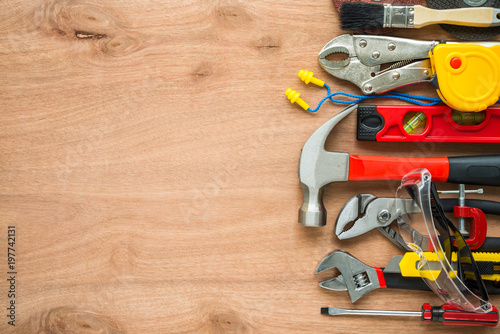 Bilde på lerret Flat lay, set of construction hardware tools building, repair, painting accessor