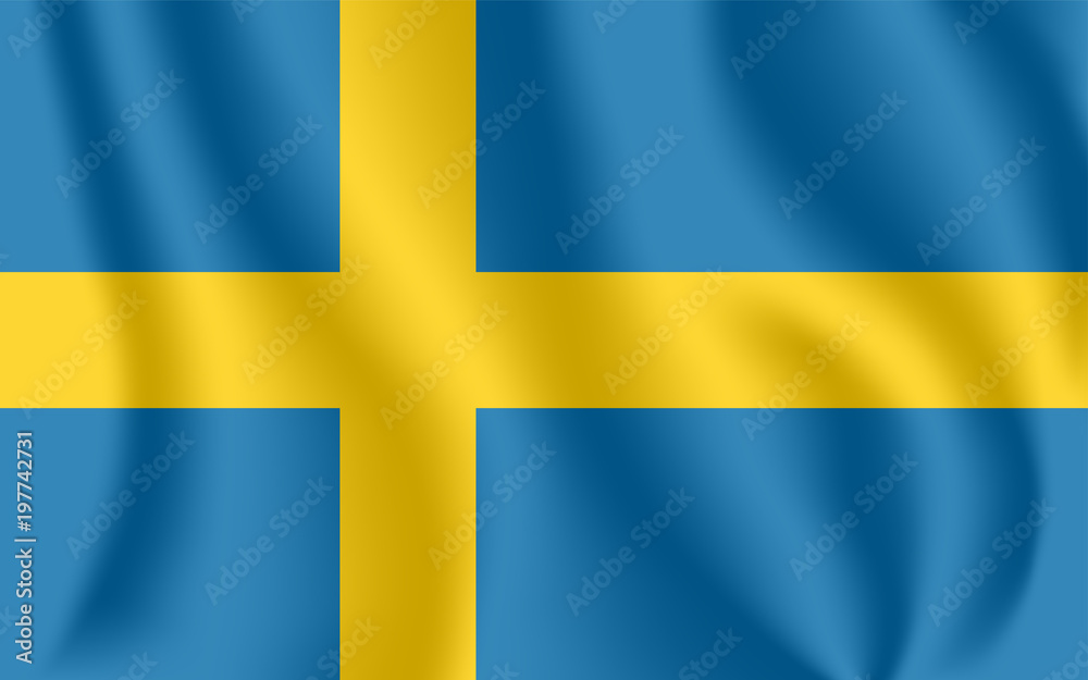 Flag of Sweden. Realistic waving flag of Kingdom of Sweden. Fabric textured flowing flag of Sweden.