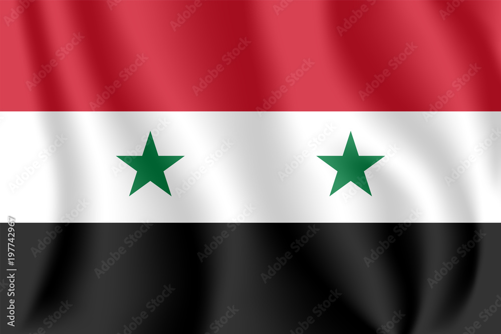 Flag of Syria. Realistic waving flag of Syrian Arab Republic. Fabric textured flowing flag of Syria. Flag of Syria. Realistic waving flag of Syrian Arab Republic. Fabric textured flowing flag of Syria.