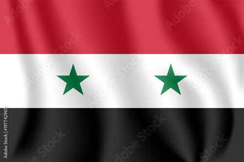 Flag of Syria. Realistic waving flag of Syrian Arab Republic. Fabric textured flowing flag of Syria.