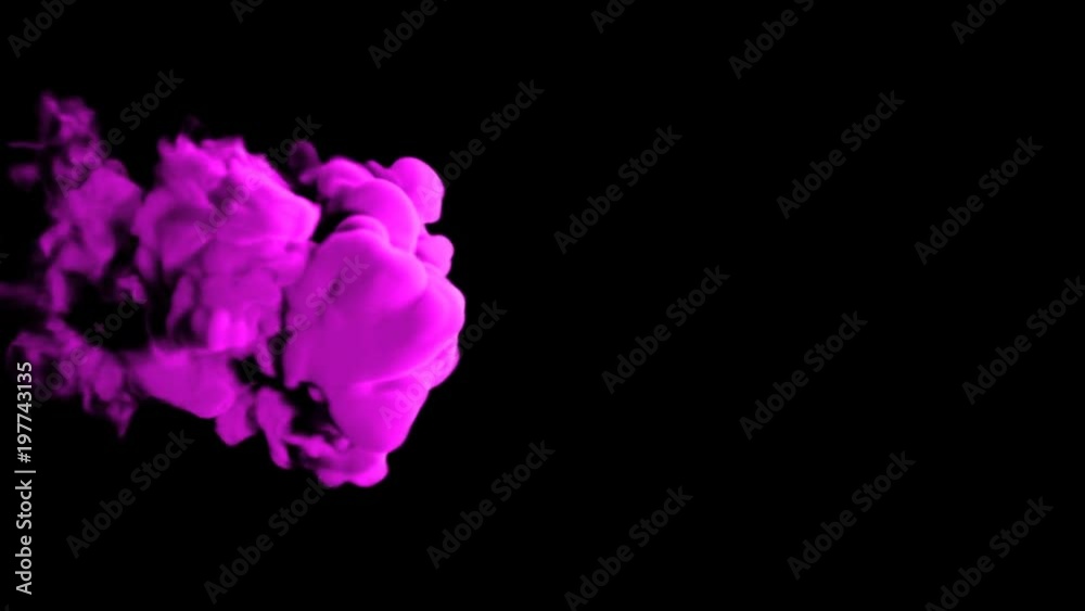 Abstract stylized Magenta ink drop in water on a black background for effects with Alpha channel matte. 3d render. voxel graphics. computer simulation V1