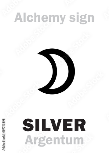 Alchemy Alphabet: SILVER (Argentum, Luna; Artemis) — metal of the moon, precious/noble/value metal, eq.: Argyros, Silver, Silber, Silubr, Sirebro. Alchemical medieval symbol. Chemical formula=[Ag].