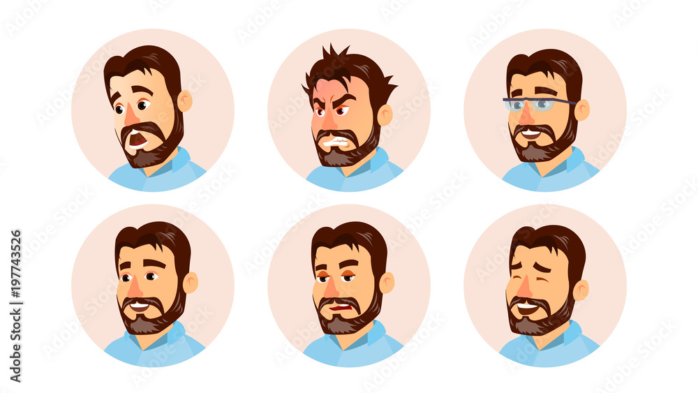 Fototapeta premium Boss Character Business People Avatar Vector. Modern Office Bearded Boss Man Face, Emotions Set. Creative Avatar Placeholder. Cartoon, Comic Art Illustration