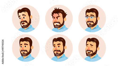 Boss Character Business People Avatar Vector. Modern Office Bearded Boss Man Face, Emotions Set. Creative Avatar Placeholder. Cartoon, Comic Art Illustration