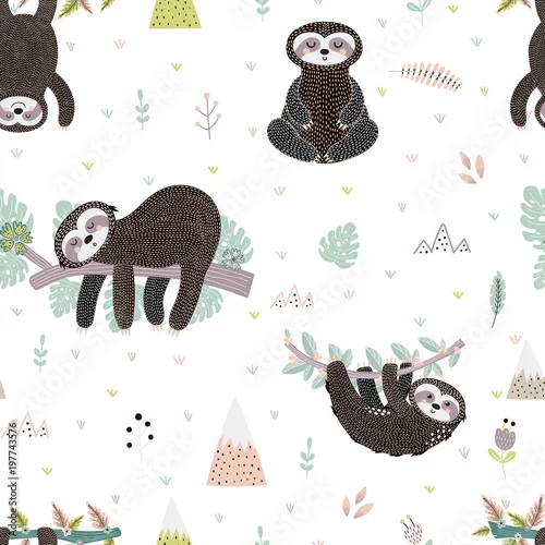 Tapety Ładny lenistwo na gałęzi wzór. Ilustracji wektorowych