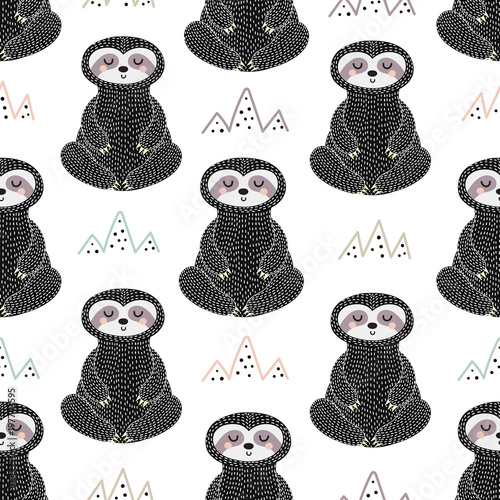 Meditating sloth seamless pattern. Sleepy background. Vector illustration