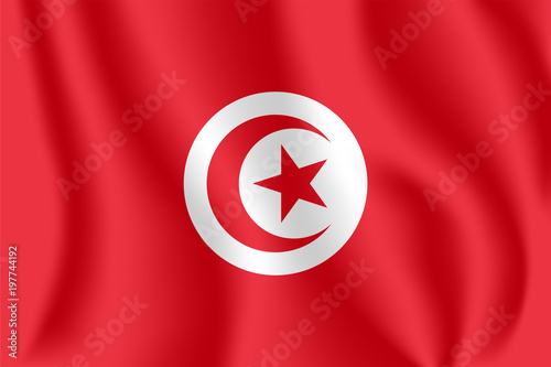 Flag of Tunisia. Realistic waving flag of Republic of Tunisia. Fabric textured flowing flag of Tunisia.