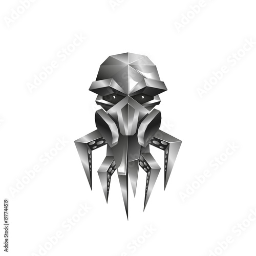 Metallic octopus in a gas mask icon. Chrome octopus robot illustration.