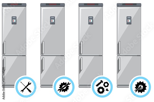 Repair service concept. Simple icons set: wrench, screwdriver, hammer and gear. Mending of refrigerators. Vector illustration.