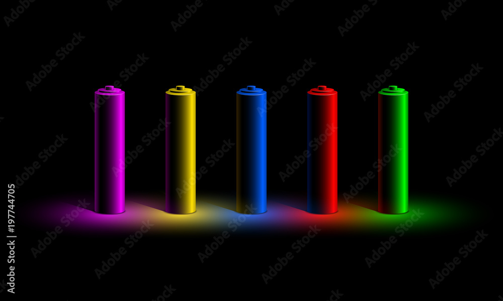 Fototapeta premium Neon 3D set of batteries different fluorescent colors in neon light on a black background.