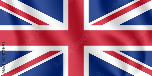 Flag of United Kingdom (UK). Realistic waving flag of United Kingdom of Great Britain and Northern Ireland. Fabric textured flowing flag of Britain.