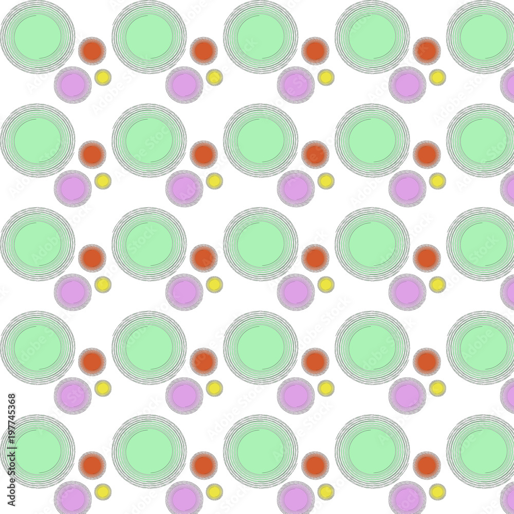 patron con círculos pequeños color verde y  otros mas pequeños en rosa y naranja en un fondo blanco