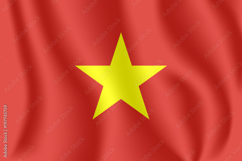 Flag of Vietnam. Realistic waving flag of Socialist Republic of Vietnam. Fabric textured flowing flag of Vietnam.
