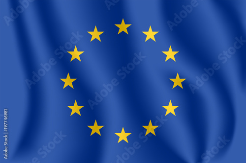 Flag of European Union (EU). Realistic waving European Flag. Flag of the Council of Europe. 3d shaded blue flag texture.