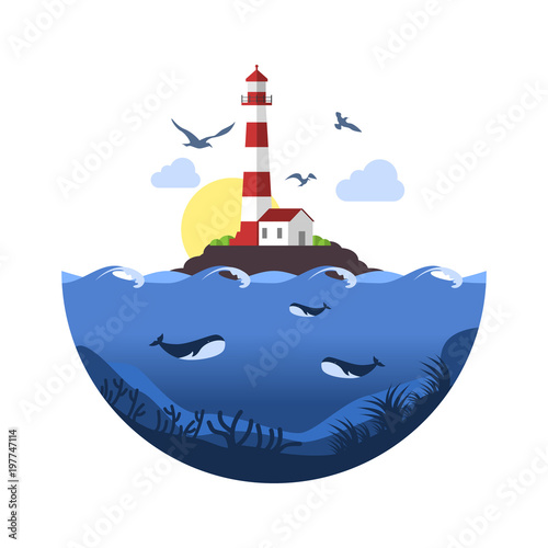 Lighthouse on rock stones island with underwater scene