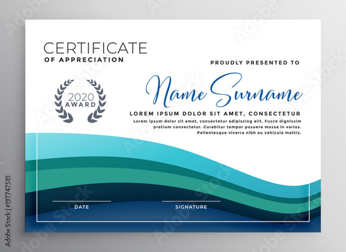 stylish blue wave certificate of appreciation template