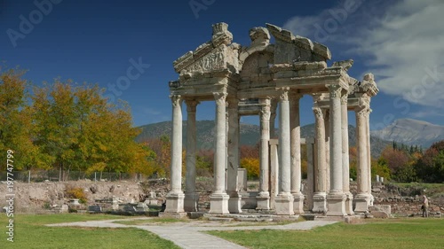APHRODISIAS ARCHEOLOGICAL SITE, AYDIN, TURKEY - NOVEMBER 15, 2015: Ancient ruins of famous Tetrapylon Gate of the Temple of Aphrodite. 4k.