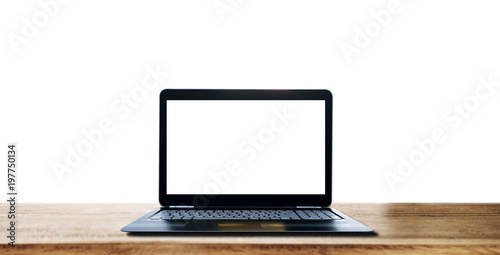 Computer laptop blank white screen on wooden desk, isolated on white background