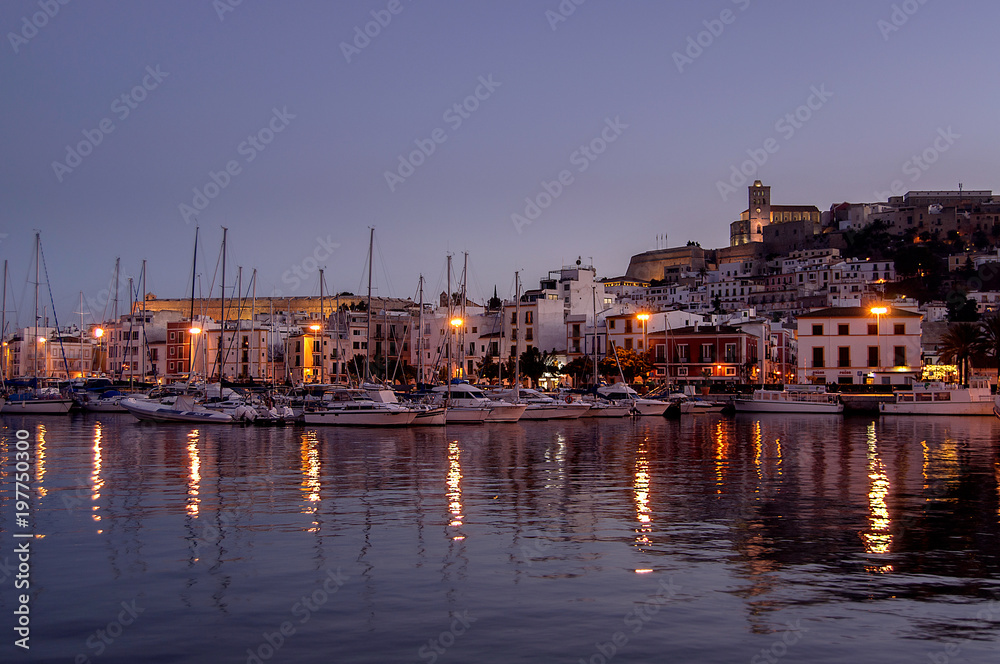 Port of Ibiza at night. Mediterranean port. Spain