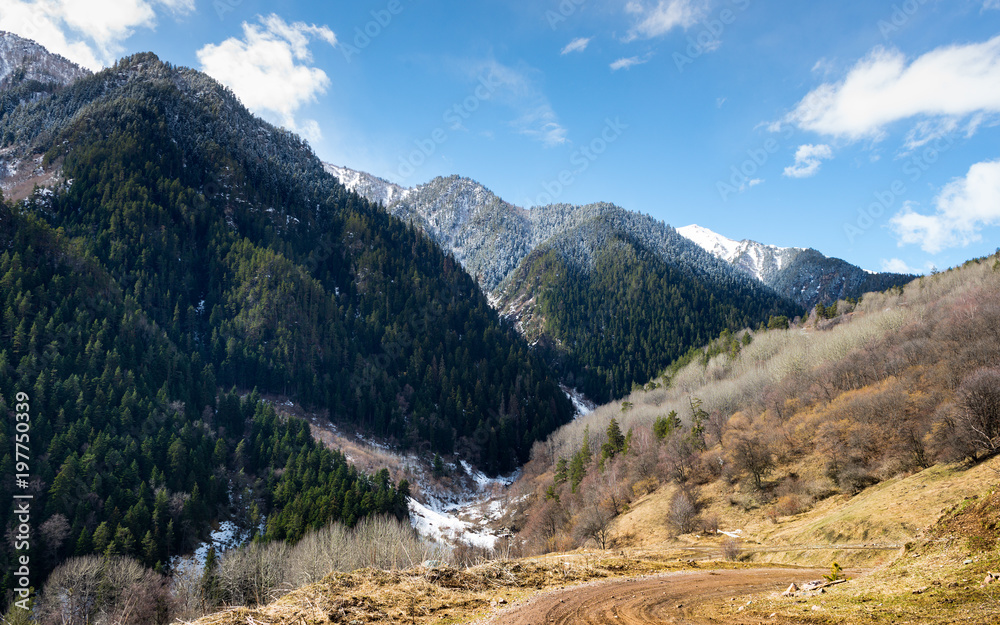Сaucasian spring mountains with snow peaks, panorama. Dombai, Russia.