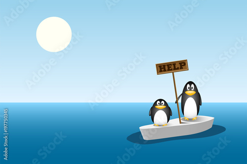 two penguins are left behind on the last ice floe after all the ice berg has melted. global warming concept, climate change