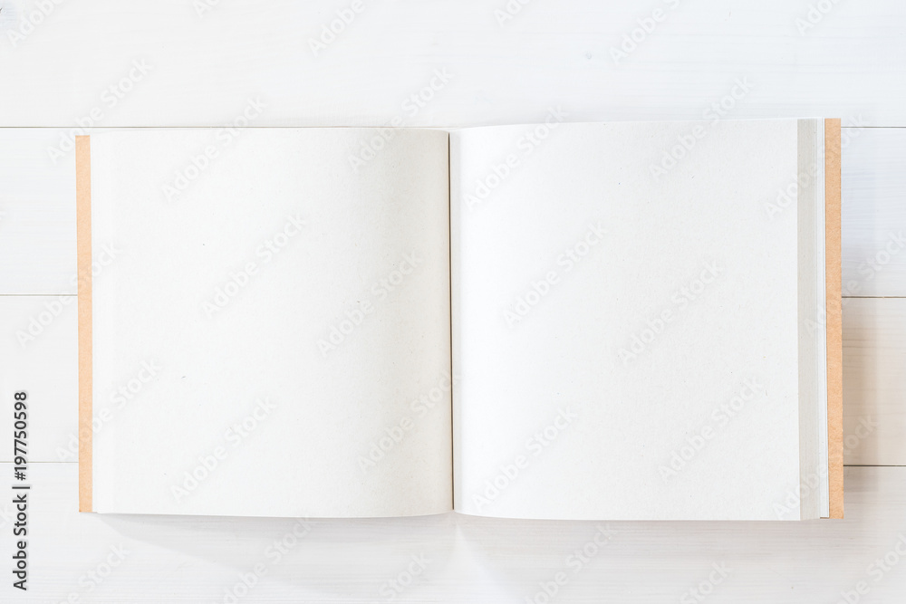 Blank square-size open pocket book, catalog magazine, brochure note mockup template paper texture copyspace on white pine wood desk table