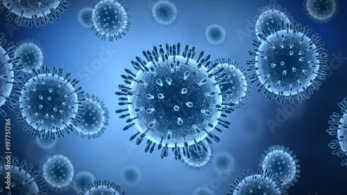 Virus floating around in blue color, microscopic 3d rendered animation