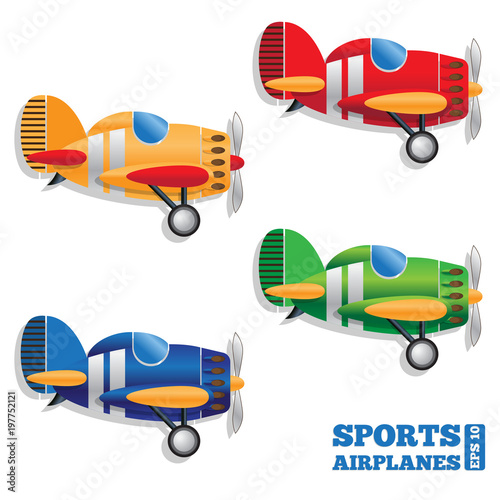Set of sports airplanes on white background. Side view. Vector illustration.