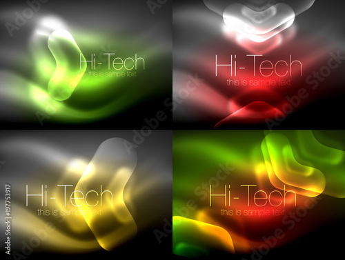 Set of abstract backgrounds. Blurred arrows in dark space. Neon pointers, glass glossy design, abstract techno background, web banner