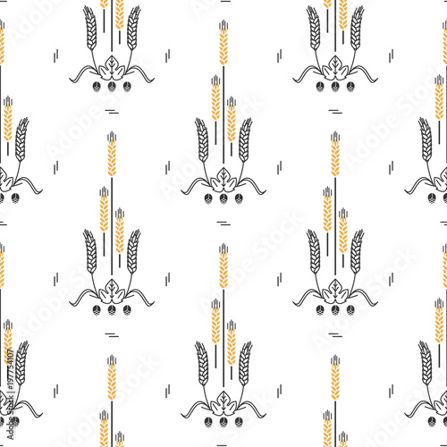 Wheat and hops seamless pattern. Brewery, pub, beer restaurant. Design element of a web site, a banner, a brochure, a booklet. Vector illustration.