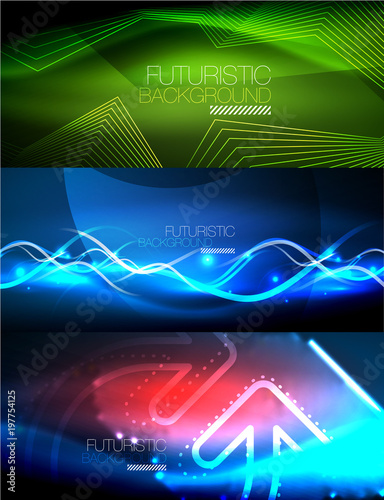 Vector collection of glowing neon shapes in dark abstract backgrounds