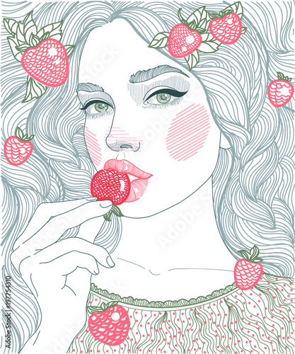 vector illustration drawing of a linear color chart portrait of a girl who eats strawberries 