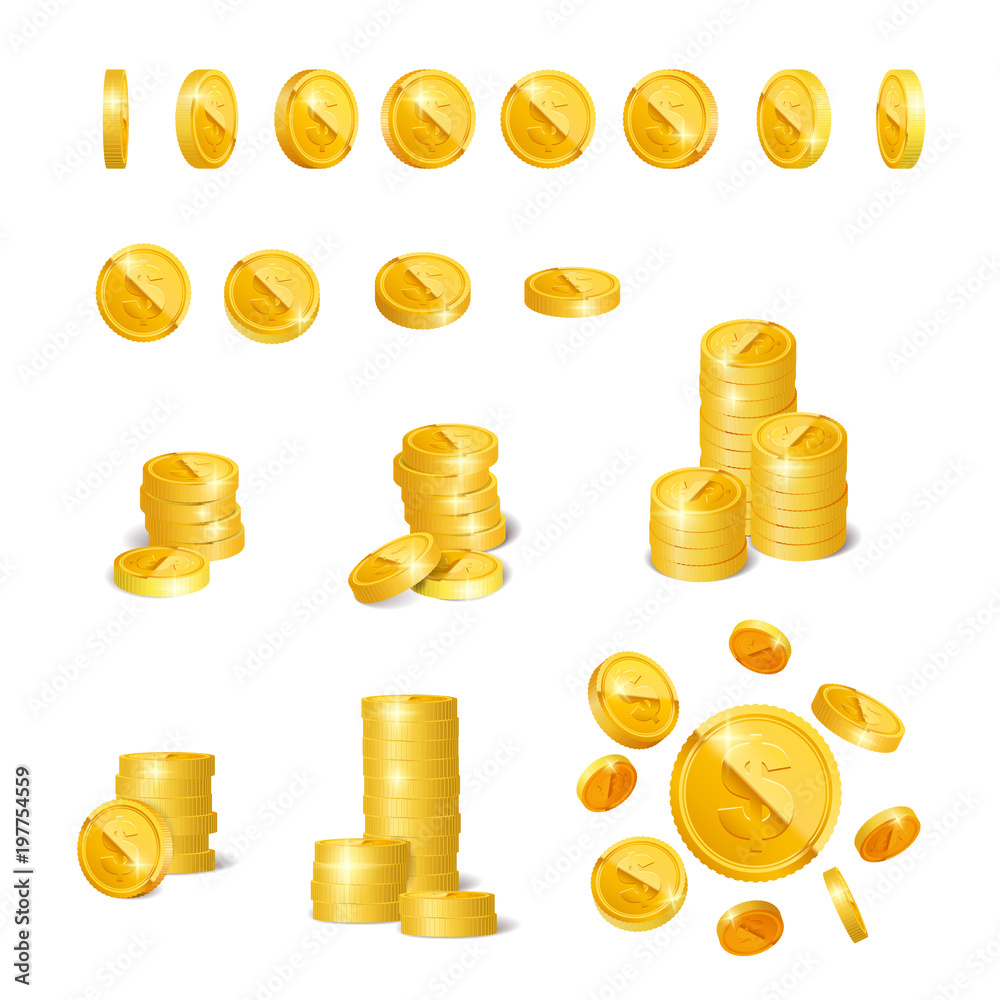 Vector Illustration of realistic golden coins isolated on white ...