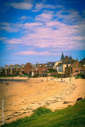 North Berwick beach and tourists walking on the sand, East Lothian