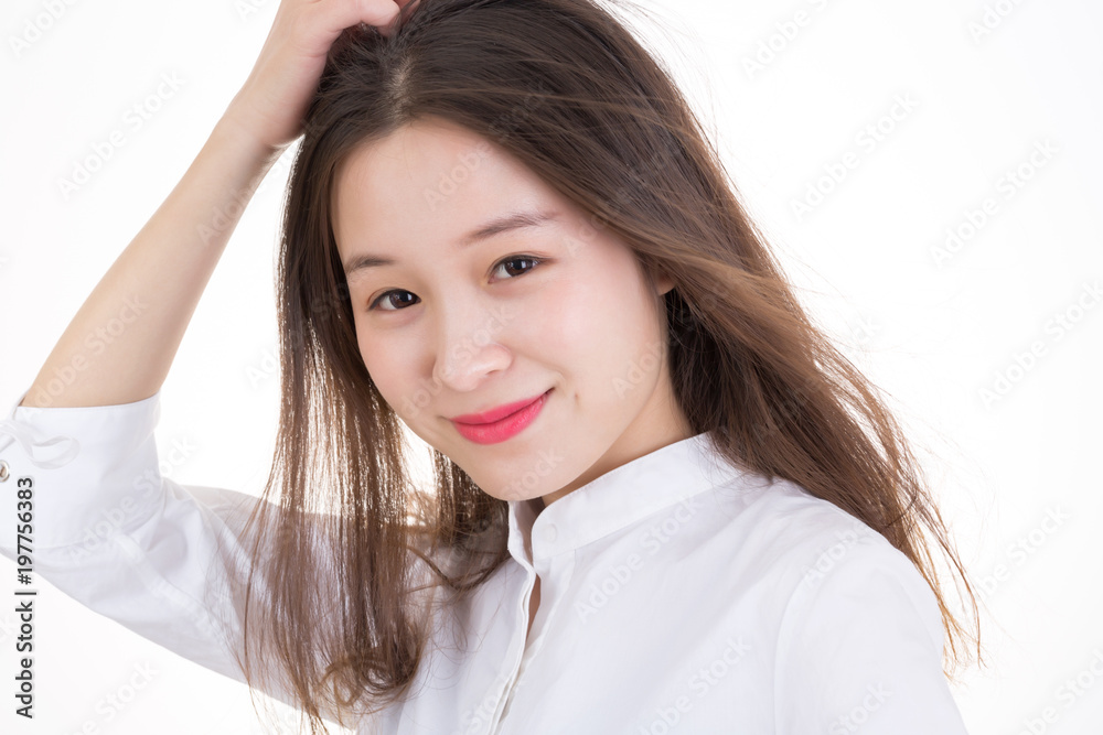 Portrait of Beautiful Business Woman Wearing White Shirt. Smiling Young Asian Business Woman. Portrait of Beautiful Business Woman Wearing White Shirt. Smiling Young Asian Business Woman.