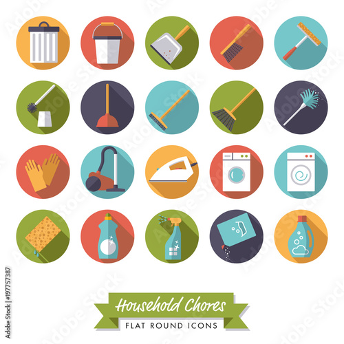 Household chores flat design long shadow round icon set