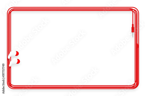Earphones, In Ear type red color and rounded rectangle made from cable frame isolated on white background, with copy space