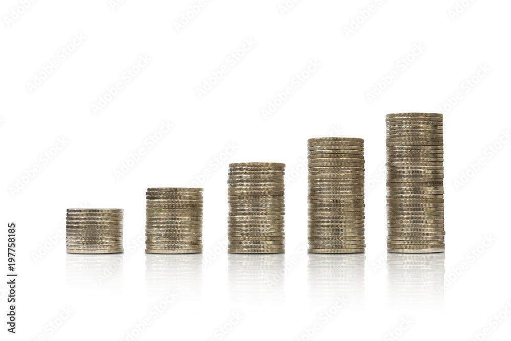 Coin stacks on a white background for banking, investment and money saving concept. Coin stacks on a white background for banking, investment and money saving concept.