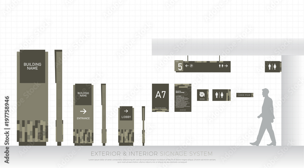 exterior and interior signage system. direction, pole, wall mount and