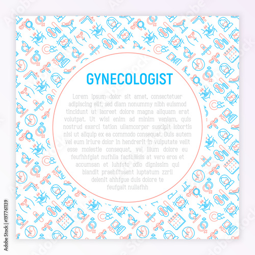 Gynecologist concept with thin line icons: uterus, ovaries, gynecological chair, pregnancy, ultrasound, sanitary napkin, test, embryo, menstruation, ovulation, Modern vector illustration for banner.