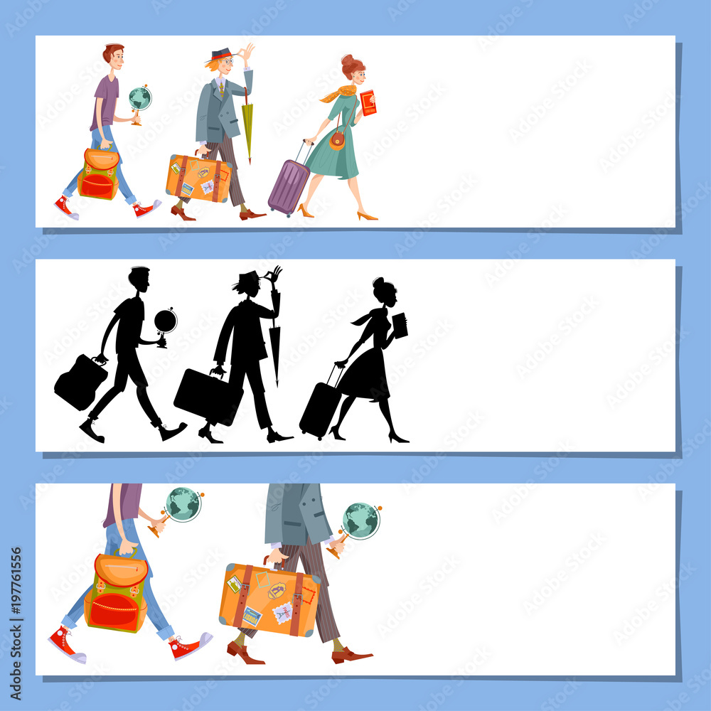 Set of 3 universal horizontal banners. Travel concept. Template. Young man a backpack, man with a suitcase and an umbrella, girl with a suitcase and a guidebook.
