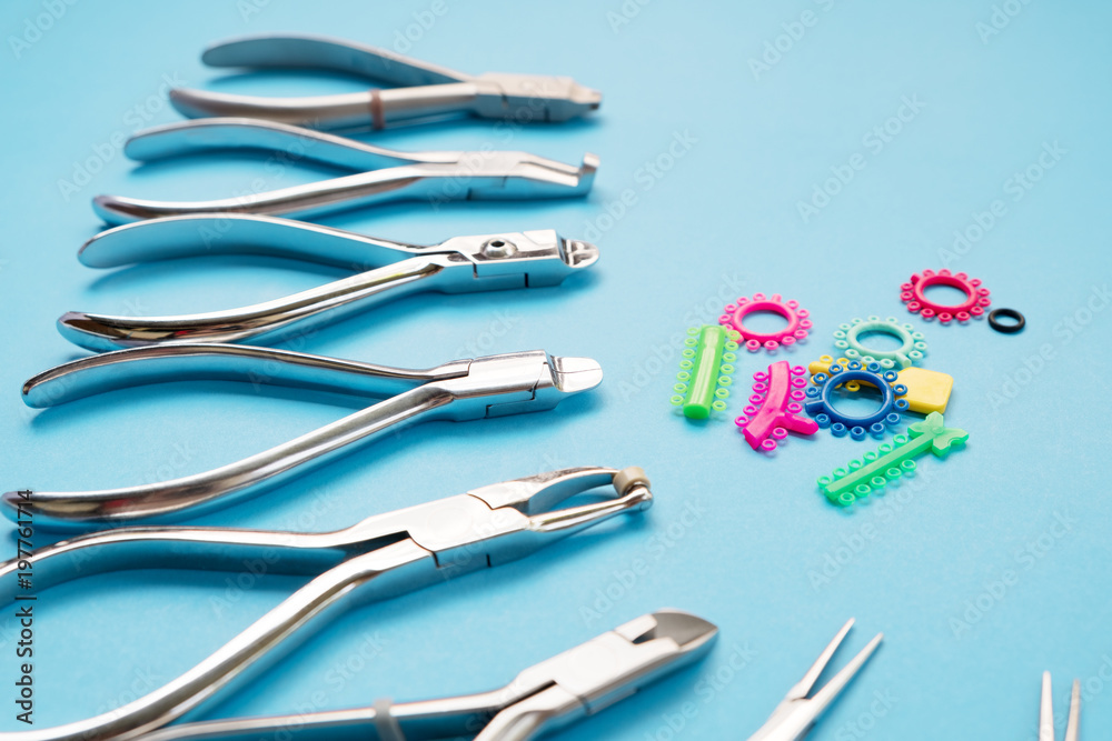 Orthodontic appliance tools set in the clinic for dentist to work.